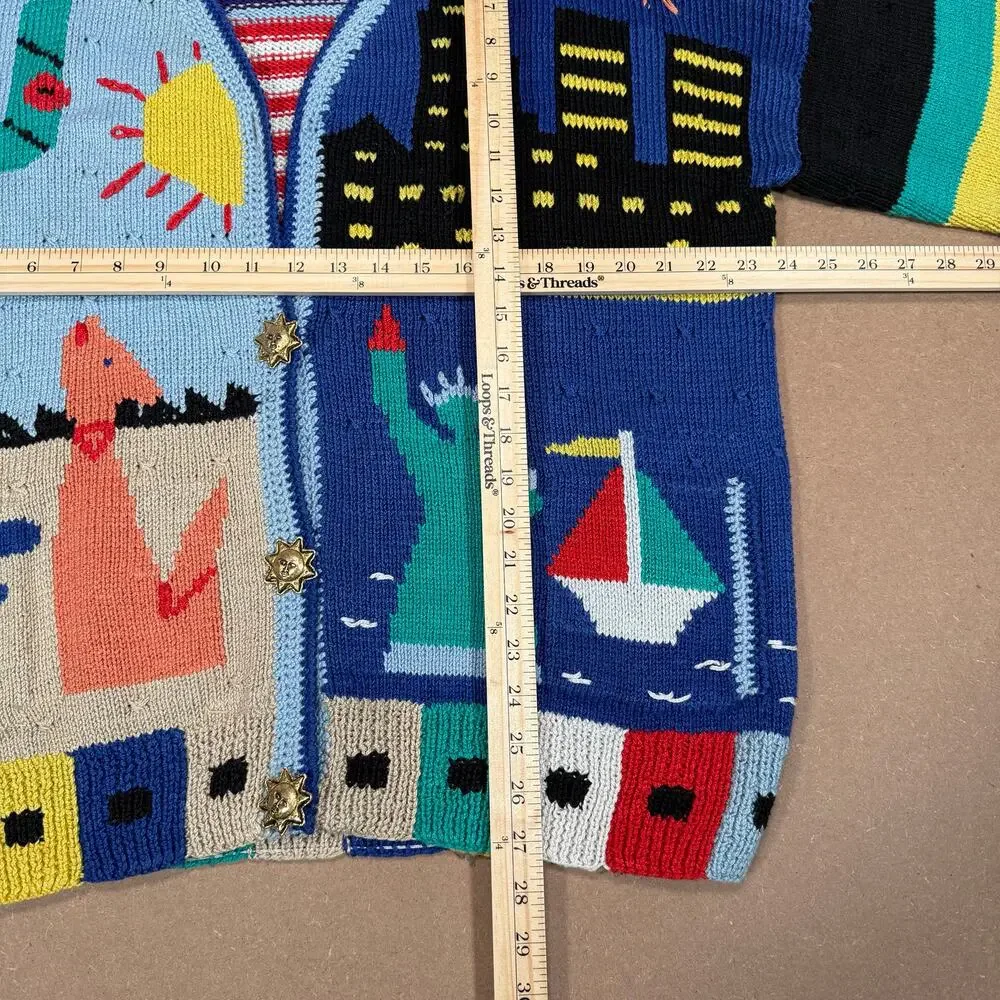 Vintage Teacher Americana Knit Cardigan USA Statue of Liberty Southwest Scene XL